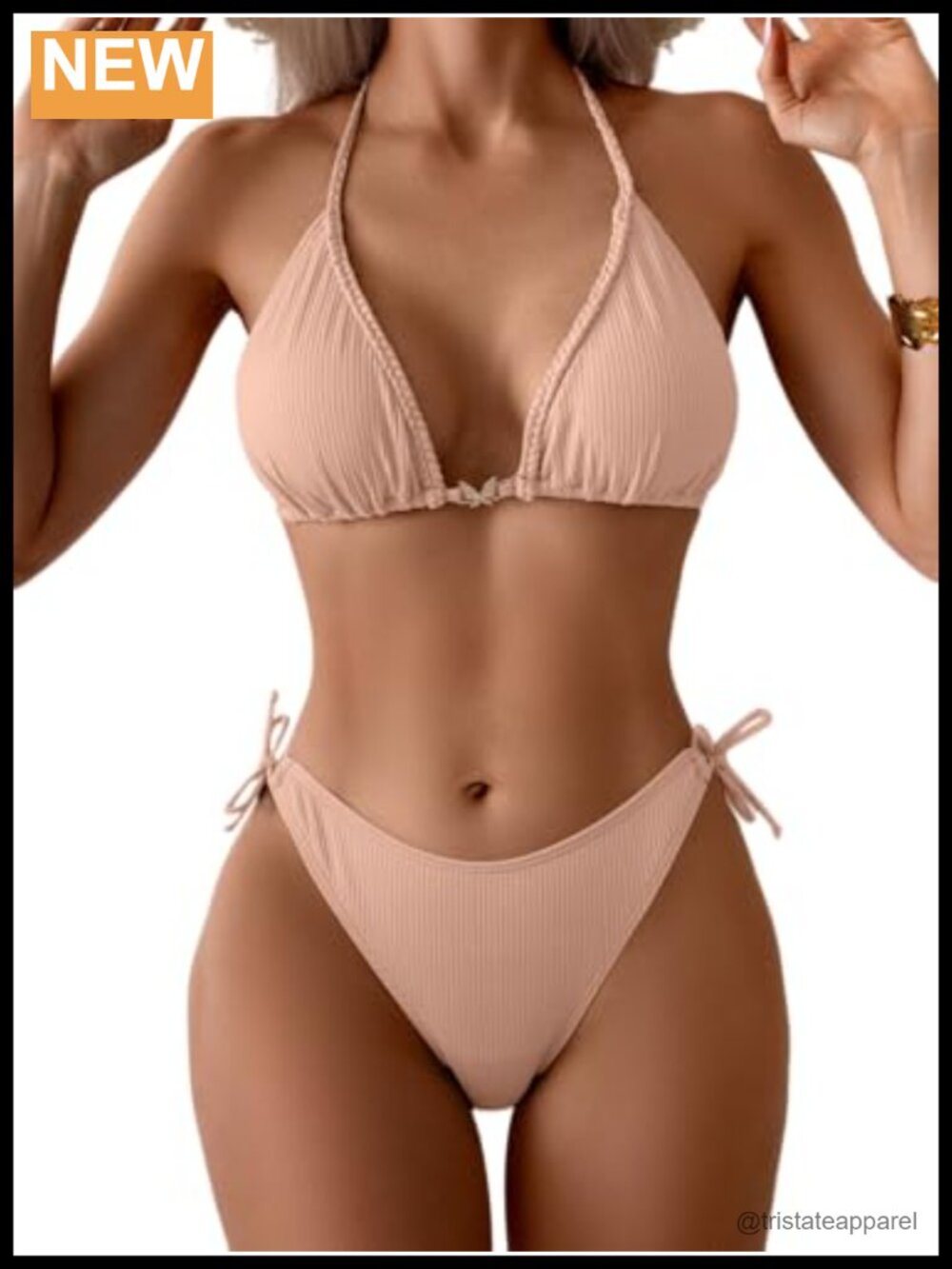 Ribbed Bikini Set Halter Triangle Top Cheeky Swimsuit